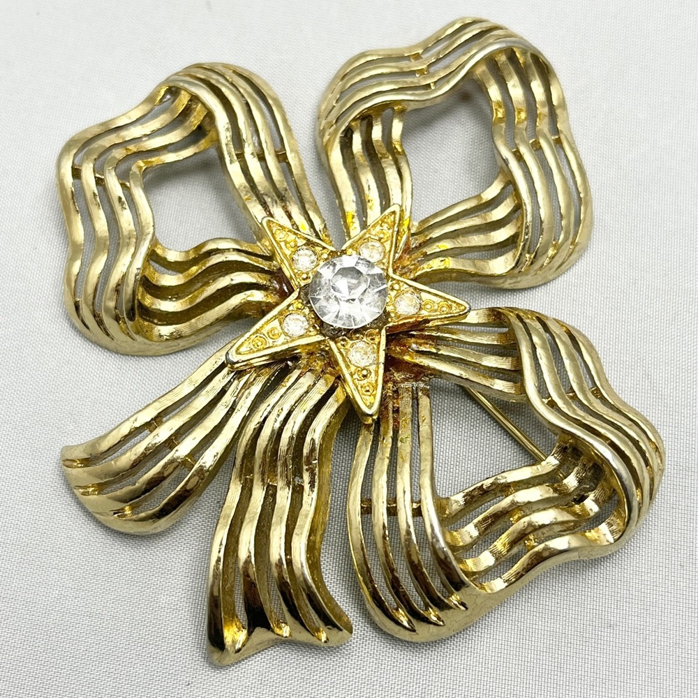 Vintage Monet Rhinestone Bow Brooch Pin